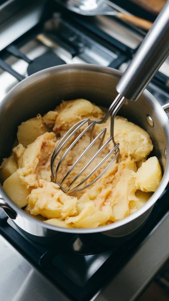 steaming hot drained potatoes being mashed in the pot with a metal masher, fluffy texture forming