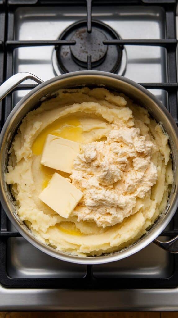 mashed potatoes with pats of butter melting in and creamy blended cottage cheese being folded in, smooth and fluffy texture starting to show