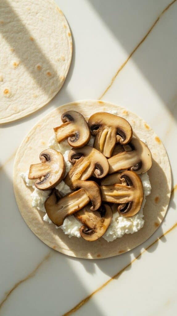 sautéed mushrooms being layered over the cottage cheese side of the tortilla, with the other half ready to fold over.