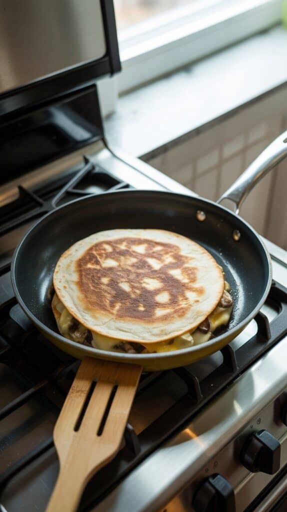 a golden-brown quesadilla cooking in a nonstick skillet, edges lightly crisped and filling just barely visible from the side.