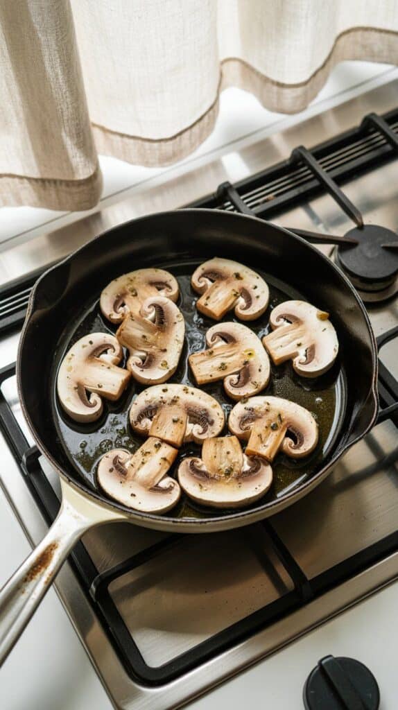 sliced mushrooms sizzling in olive oil, turning golden with light browning around the edges.