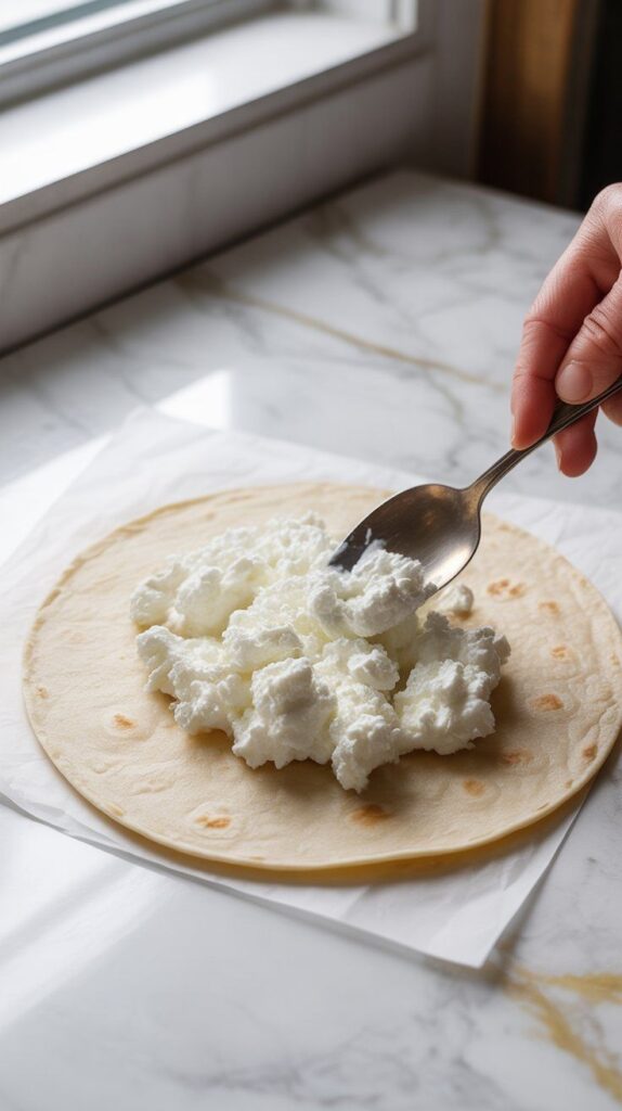 soft cottage cheese being spread onto one half of a flour tortilla with the back of a spoon.