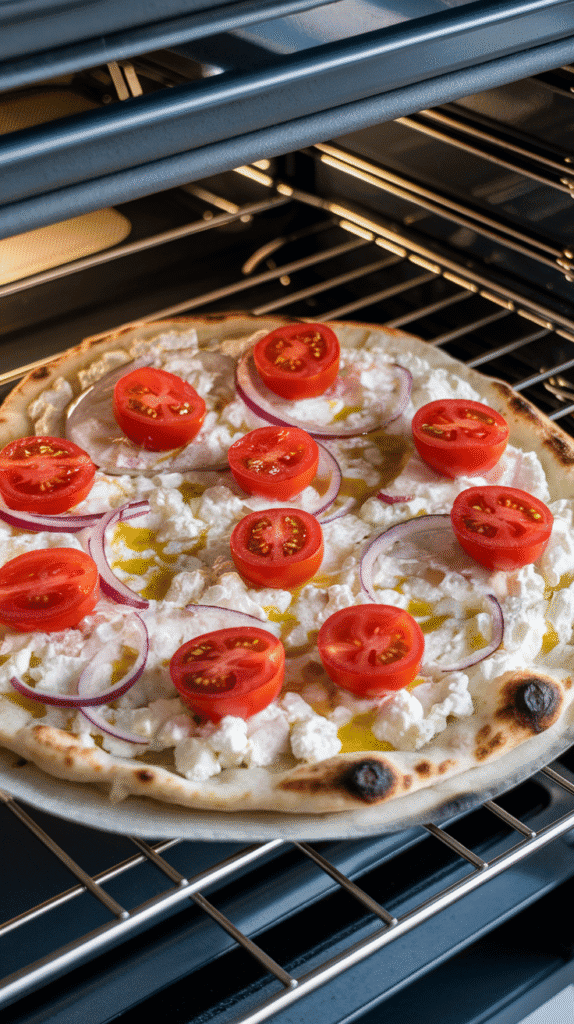 naan pizza baking in the oven, cheese bubbling and golden, crust edges slightly browned, on a modern stainless steel double oven