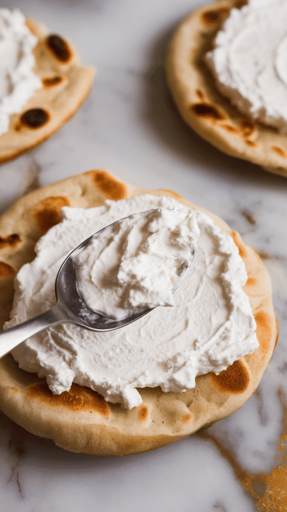 cottage cheese being spread evenly across naan bread with the back of a spoon, creamy texture visible, on white marble counters with hints of gold