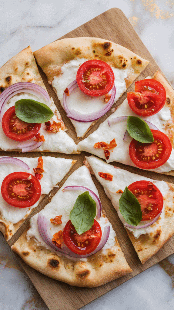 AI Image Prompt: Top-down shot of fully baked naan pizza sliced into wedges, topped with fresh basil and chili flakes, cheese golden and tomatoes slightly roasted, served on a cutting board,