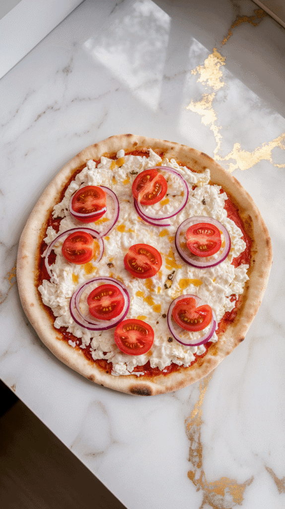 naan pizza topped with cottage cheese, shredded mozzarella, halved cherry tomatoes, and sliced red onion, with olive oil being drizzled over