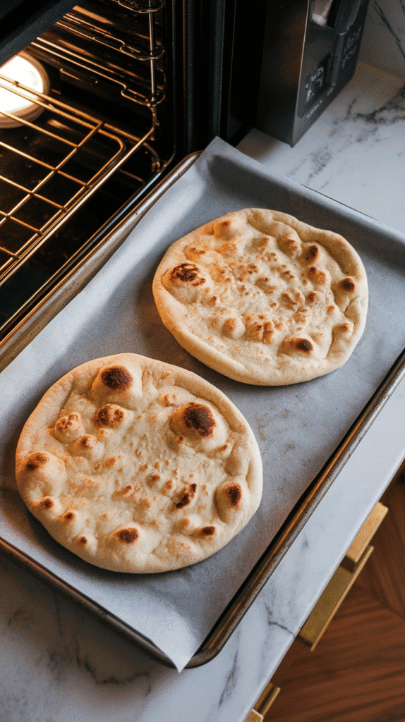 two plain naan breads placed on a baking sheet lined with parchment paper, oven preheating in the background