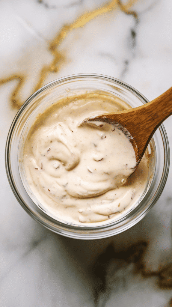 creamy slaw dressing in a small glass bowl with mayo, vinegar, and Dijon mustard being stirred into a smooth mixture with flecks of pepper,