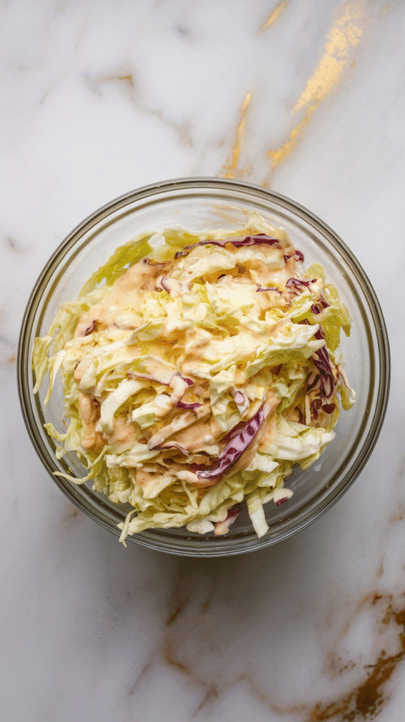 shredded coleslaw mix being tossed with creamy dressing in a small mixing bowl, cabbage glistening and softened slightly, on white marble counters with hints of gold