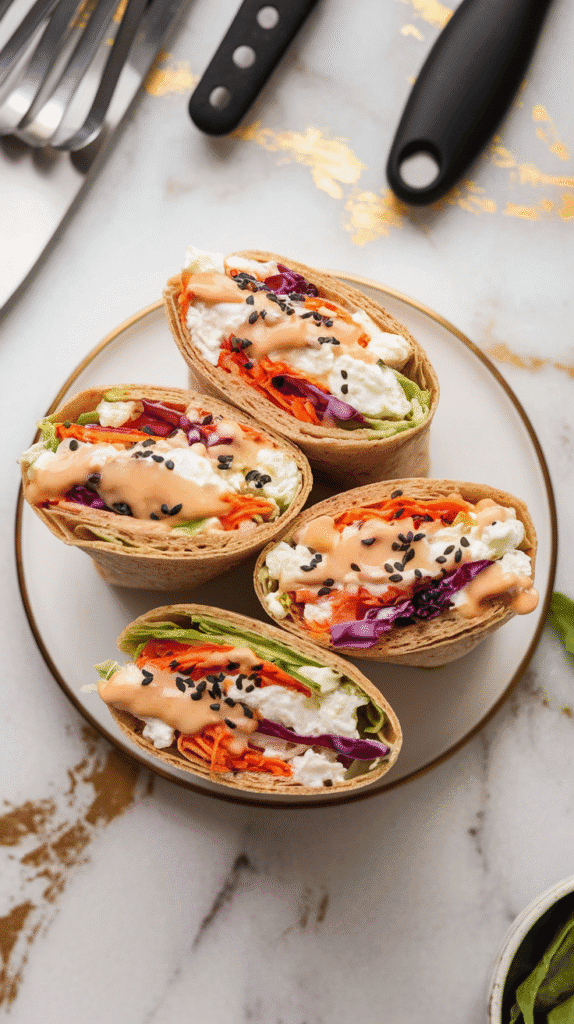 hree wraps open on a plate, each filled with a layer of seasoned cottage cheese and colorful slaw, topped with black sesame seeds and chopped cilantro,
