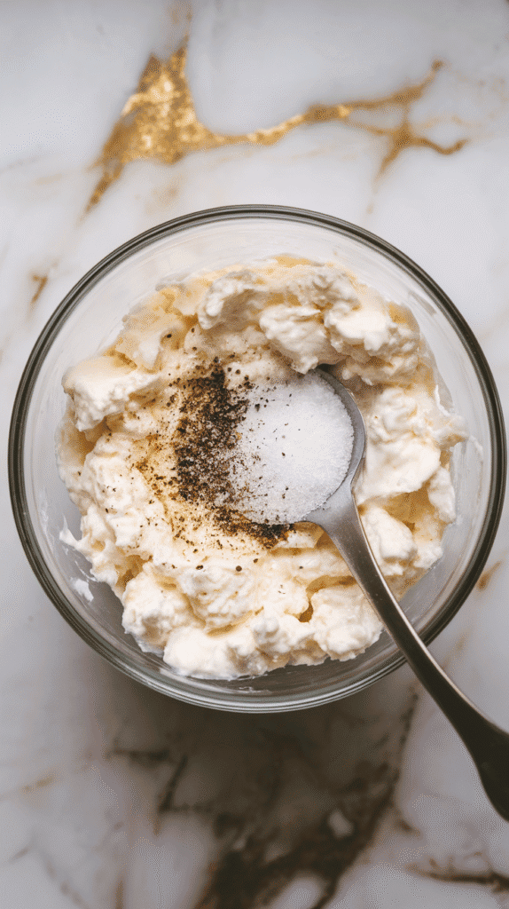 small curd cottage cheese in a bowl being mixed with cracked black pepper and a pinch of salt, creamy texture visible