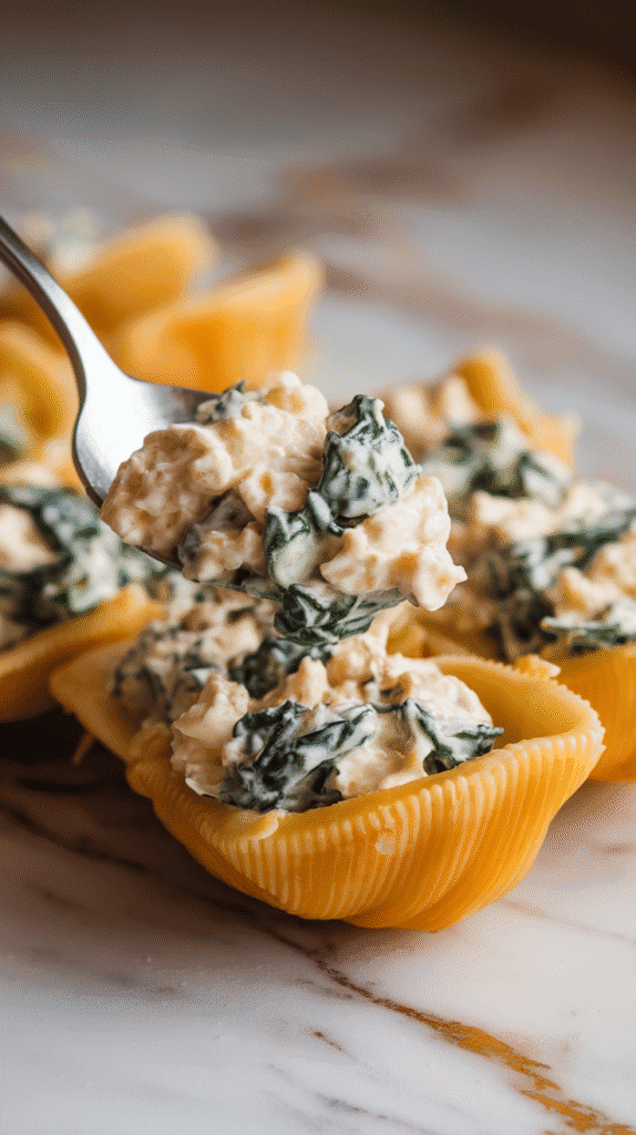 a spoon filling cooked pasta shells with creamy spinach and cottage cheese mixture, shells resting open-side up on the counter, on white marble counters with hints of gold