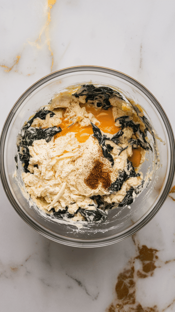 cottage cheese, shredded mozzarella, spinach, cracked egg, and seasonings all stirred together in a mixing bowl, creamy and textured filling visible