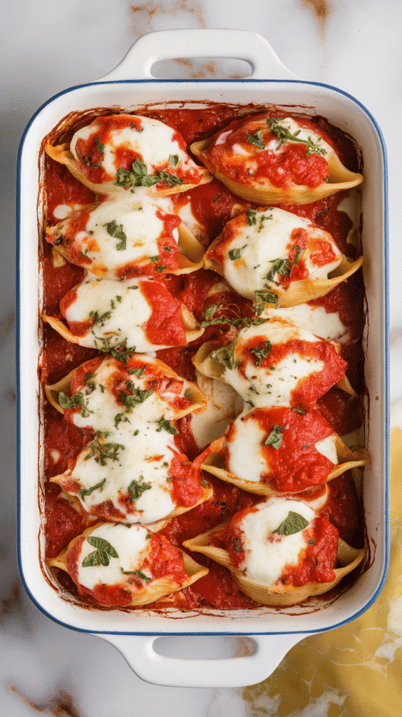 baked stuffed shells garnished with chopped parsley and basil, cheese melted, marinara bubbling around the edges, served in a white ceramic baking dish, white marble counter