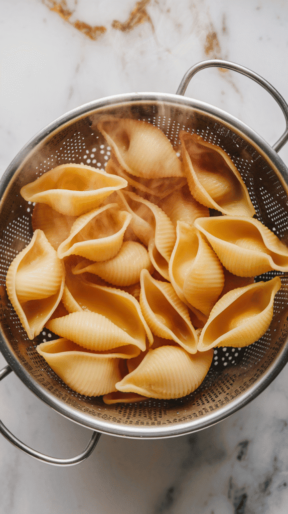 cooked jumbo pasta shells draining in a colander, slightly firm and not fully soft, steam rising, on white marble counters with hints of gold