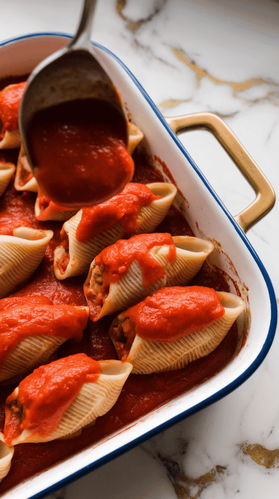 stuffed shells neatly arranged in a baking dish over marinara, with more sauce being spooned over the top