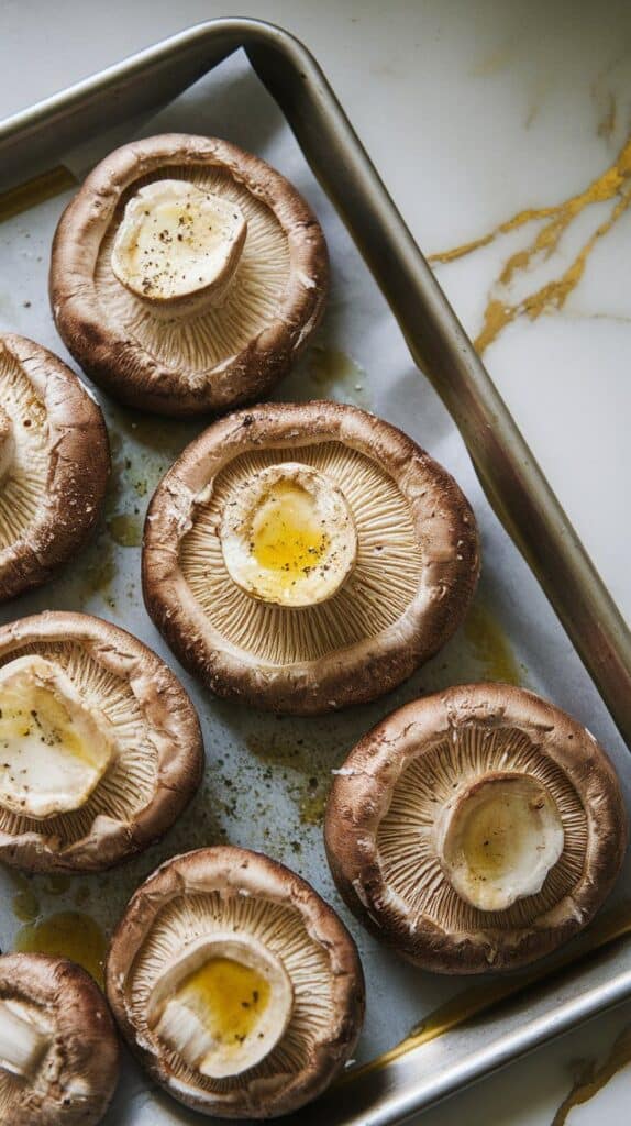 portobello mushroom caps brushed with olive oil and sprinkled with salt and pepper, gills removed, laid out on a baking sheet