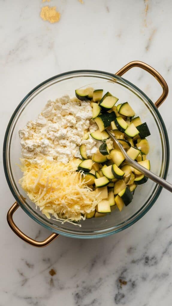 sautéed veggies, creamy cottage cheese, and shredded mozzarella being stirred together in a mixing bowl until well blended