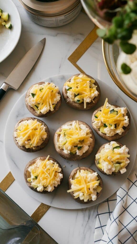 mushroom caps being filled with creamy veggie cottage cheese mixture and topped with extra shredded cheese, ready for the