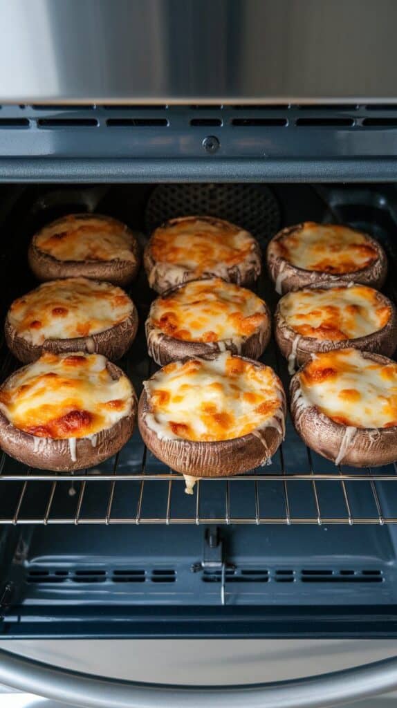 golden bubbling stuffed portobello mushrooms fresh out of the oven, cheese melted and slightly browned on top