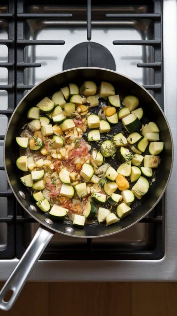 iced zucchini, minced shallot, and garlic sautéing in olive oil, herbs sprinkled on top, veggies beginning to soften and turn golden