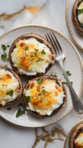 cooked stuffed portobello mushrooms arranged on a plate, topped with chopped parsley and slightly melted cheese, white marble counter with hints of gold in the background