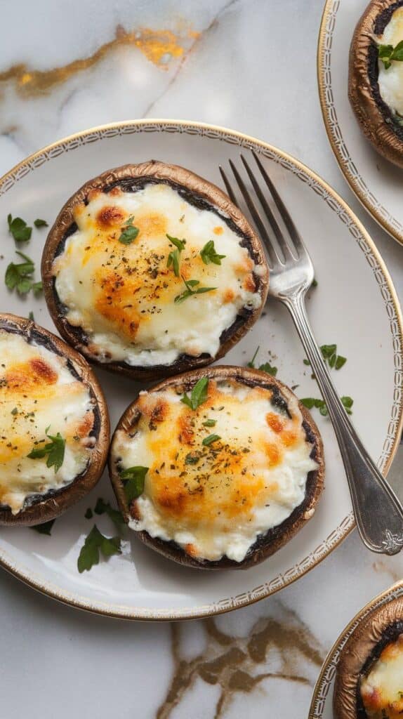 cooked stuffed portobello mushrooms arranged on a plate, topped with chopped parsley and slightly melted cheese, white marble counter with hints of gold in the background