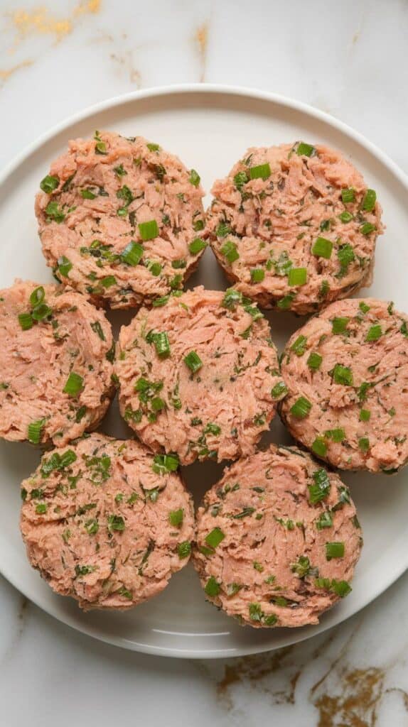 hands shaping tuna mixture into round patties, 6 uniform patties placed neatly on a white plate, mixture visibly speckled with green onion and herbs