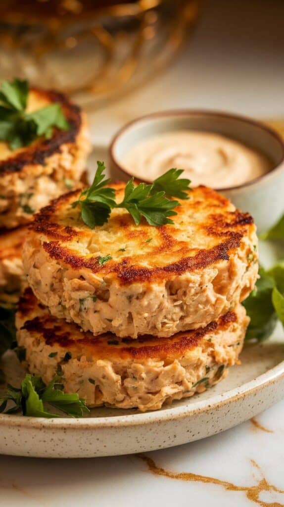 golden brown tuna cakes arranged neatly on a ceramic plate with a side of lemon wedges and dipping sauce, fresh parsley sprinkled on top