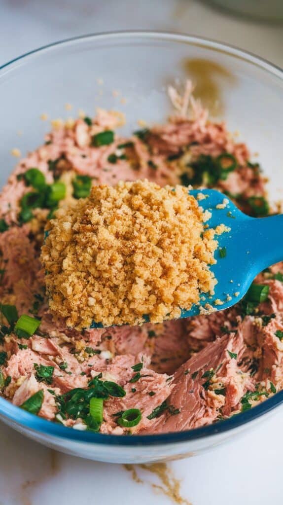 panko breadcrumbs being folded into the tuna mixture with a spatula, mixture now thick and cohesive, on white marble counters with hints of gold, with all-natural lighting
