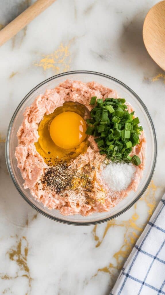 the tuna and cottage cheese mixture with a cracked egg, finely chopped green onions, chopped parsley, garlic powder, salt, and pepper just added on top,