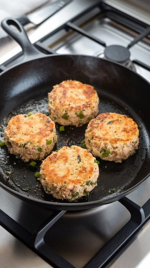 cottage cheese tuna cakes sizzling in a non-stick skillet with a light sheen of olive oil, golden crust starting to form, flecks of green onions and panko visible,