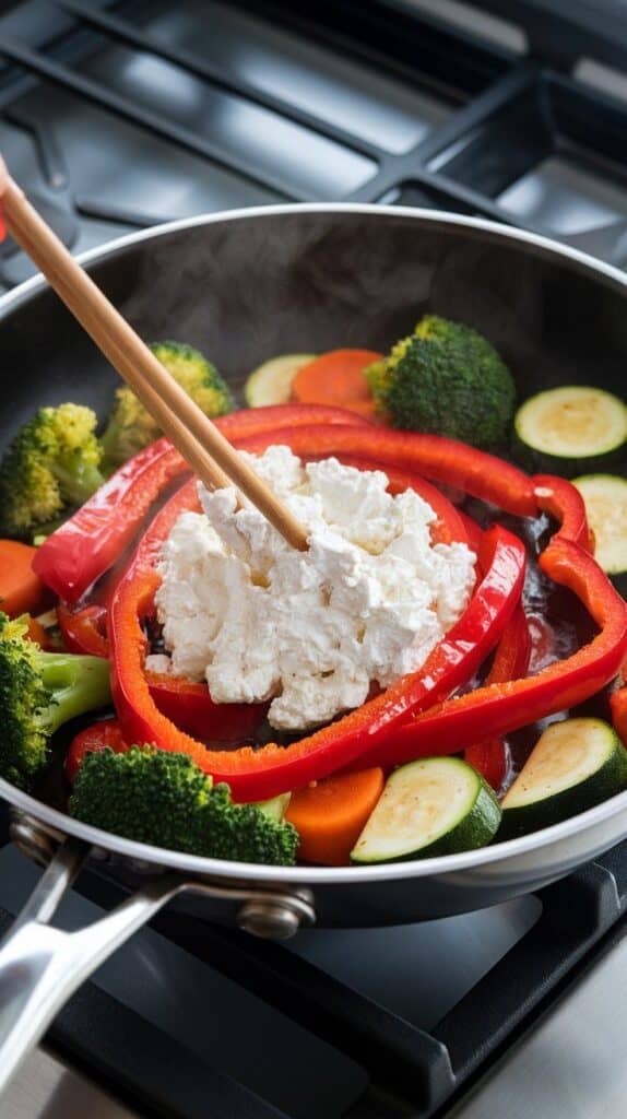small curd cottage cheese being gently stirred into hot sautéed vegetables, cheese beginning to melt and coat the veggies in a light creamy texture