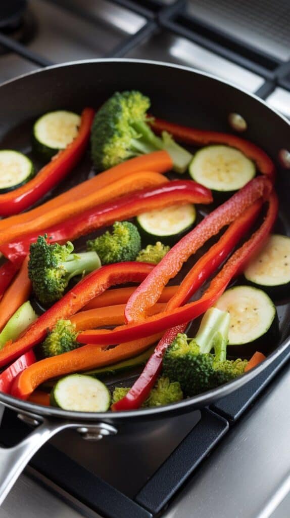 red bell pepper strips, broccoli florets, zucchini half moons, and carrot slices sizzling in olive oil in a hot skillet, just beginning to soften