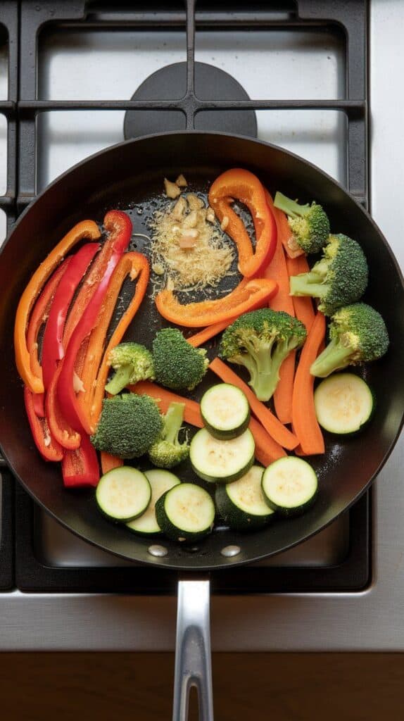 minced garlic and grated ginger just added to stir-fried veggies, aromatics starting to bloom and coat the vegetables,