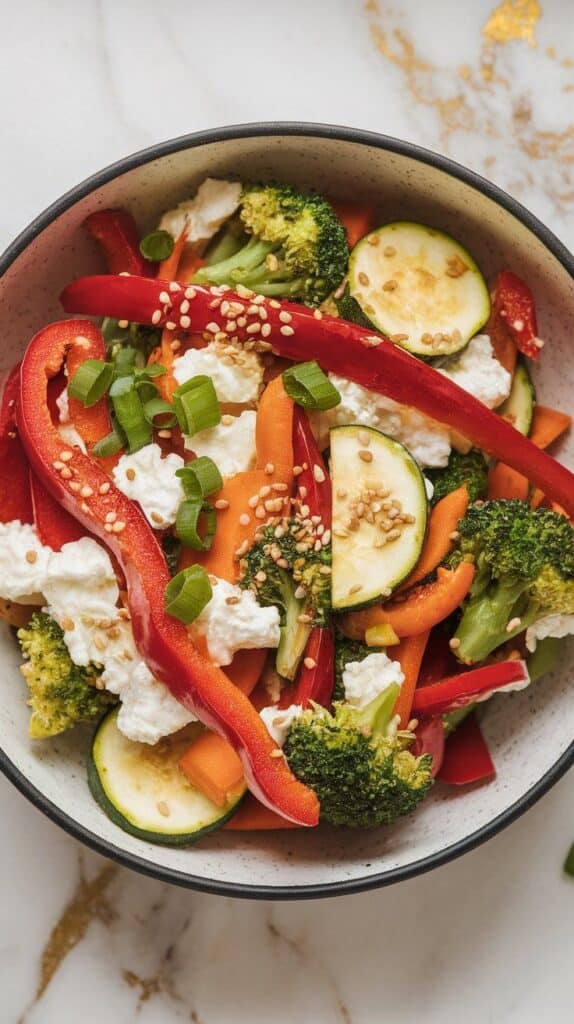 finished cottage cheese veggie stir fry served in a wide bowl, garnished with sesame seeds and chopped green onions, colorful sautéed veggies and creamy bits of cottage cheese visible