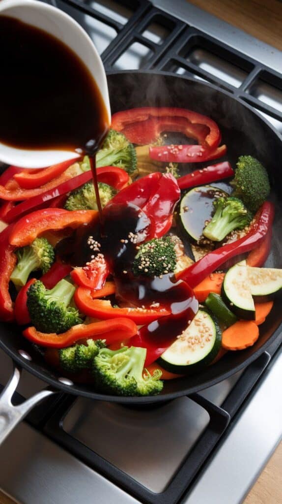 soy sauce and sesame oil being poured over sautéed vegetables in the skillet, veggies glossy and coated, steam rising from the pan, on a modern