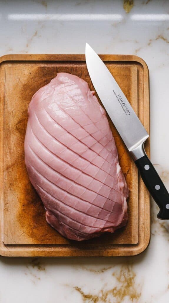 raw duck breast being scored with a knife in a diamond pattern, skin side up, on a wooden cutting board.