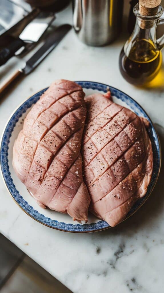 seasoned duck breasts with salt and pepper rubbed into scored skin and flesh, ready for the pan.
