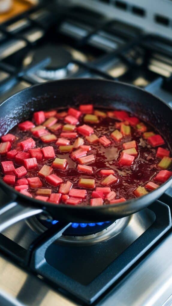 hubarb and wine simmering in a skillet, vibrant red sauce bubbling and reducing