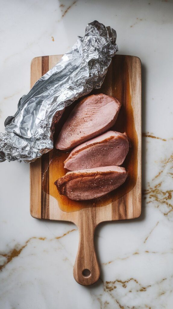 seared duck breasts resting on a cutting board with foil loosely draped over, juices starting to settle.
