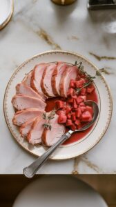 sliced duck breast fanned out on a plate with glossy rhubarb wine sauce spooned over, garnished with thyme.