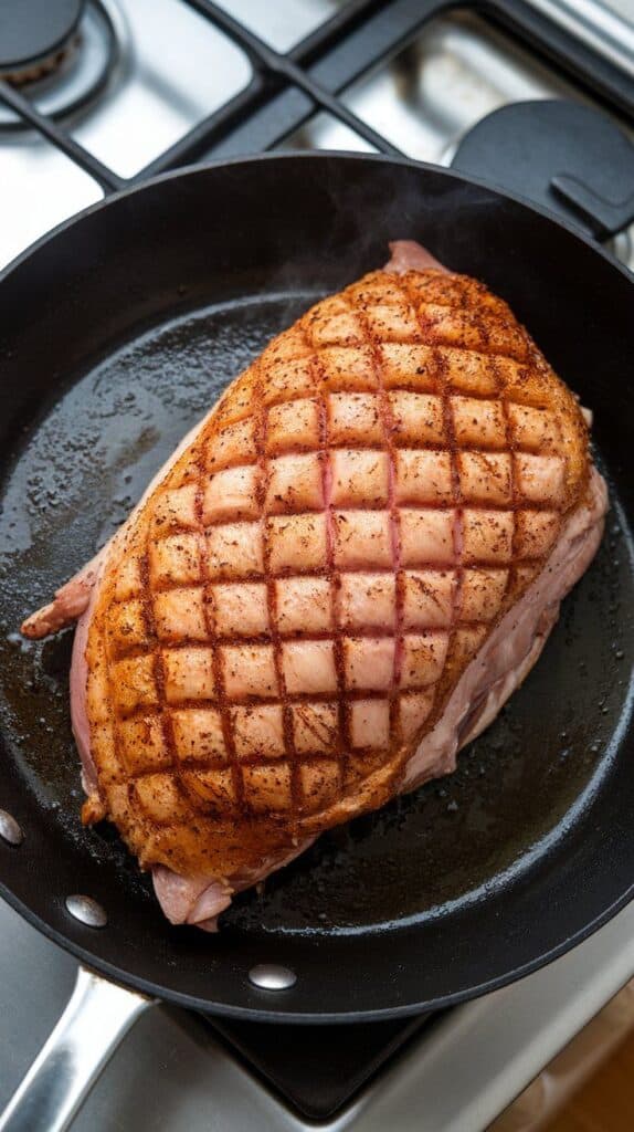 duck breast skin-side down in a skillet, fat sizzling and skin browning.