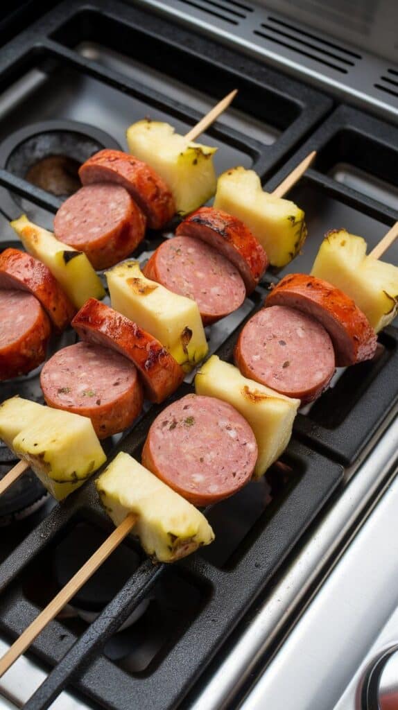 skewers sizzling on grill grates, pineapple with caramelized grill marks, kielbasa edges browning and crisping