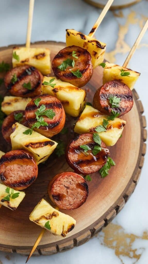 finished grilled skewers with chopped parsley garnish, bright golden pineapple next to crispy kielbasa on skewers