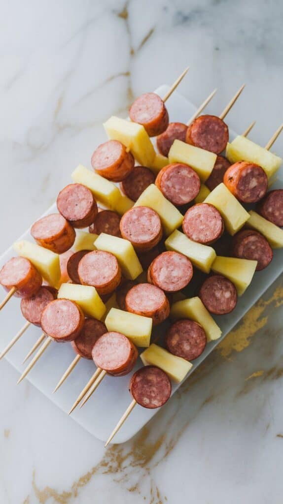 wooden skewers being filled with alternating pineapple chunks and kielbasa slices, colorful and balanced.