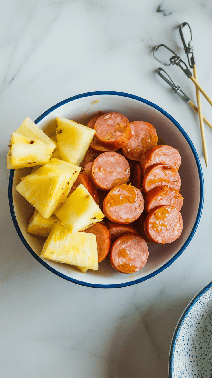 pineapple and kielbasa pieces coated in golden garlic oil marinade, glistening and ready to skewer.