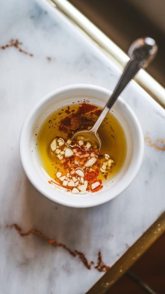 small white bowl with golden olive oil, flecks of minced garlic, paprika, and pepper being stirred together with a spoon