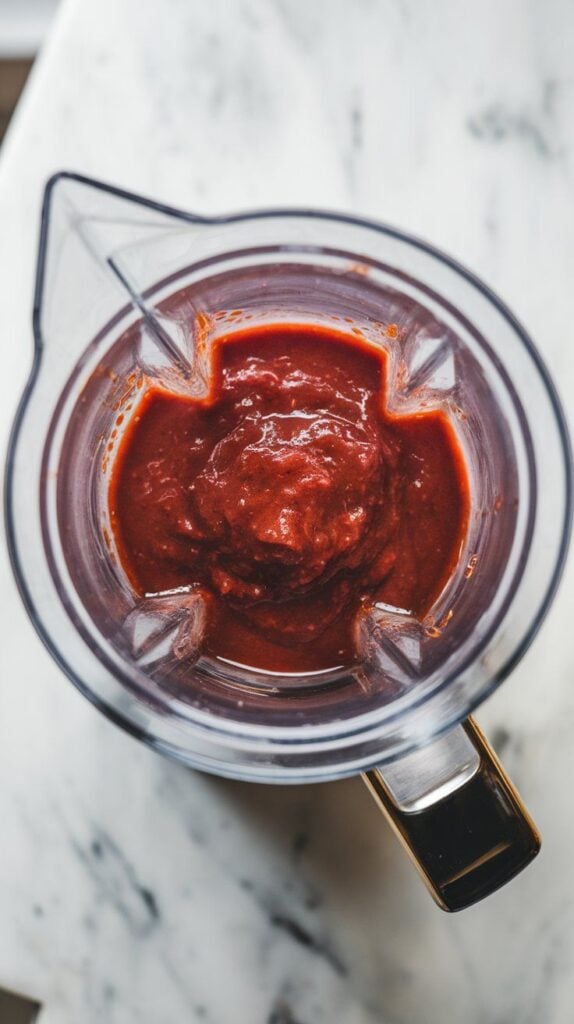 📸 AI Image Prompt: Ultra close-up of rhubarb BBQ sauce being blended in a small blender, thick and deep reddish-pink.