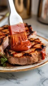 grilled pork chops being brushed with thick rhubarb BBQ sauce, juices glistening.